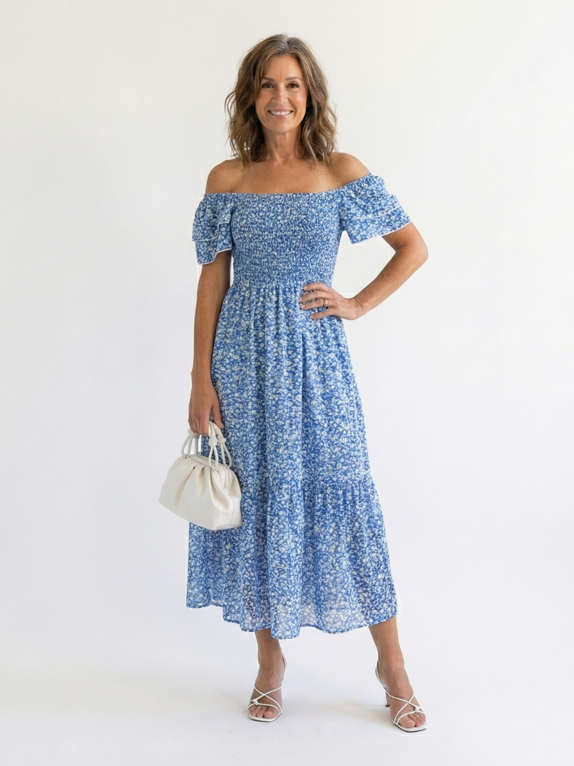 Floral Smocked Midi Dress with Flutter Sleeves and Square Neckline 4