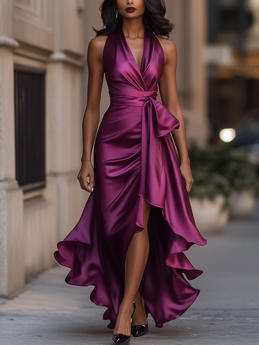 Elegant Satin Maxi Dress | Women's Cocktail & Formal Dress with Halter Neckline | Flattering Silhouette for Wedding Guests 17