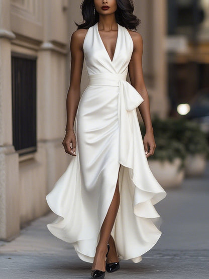 Elegant Satin Maxi Dress | Women's Cocktail & Formal Dress with Halter Neckline | Flattering Silhouette for Wedding Guests 9