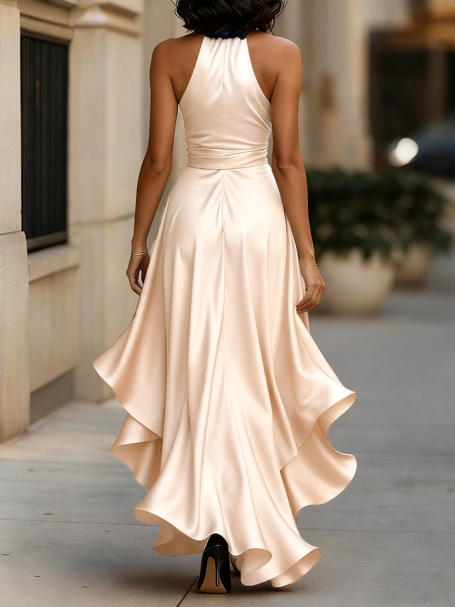 Elegant Satin Maxi Dress | Women's Cocktail & Formal Dress with Halter Neckline | Flattering Silhouette for Wedding Guests 6