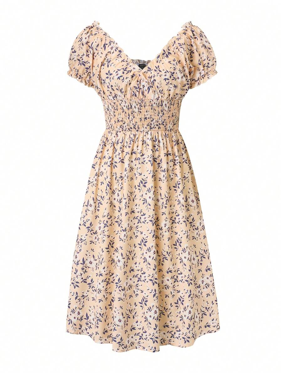 Floral Smocked Midi Dress Women – V-Neck Tie Waist Boho Dress 4