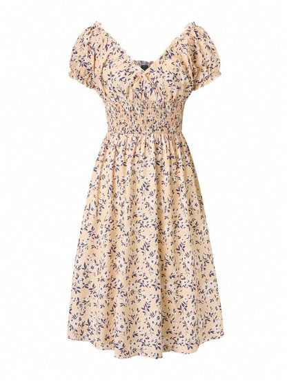 Floral Smocked Midi Dress Women – V-Neck Tie Waist Boho Dress 4