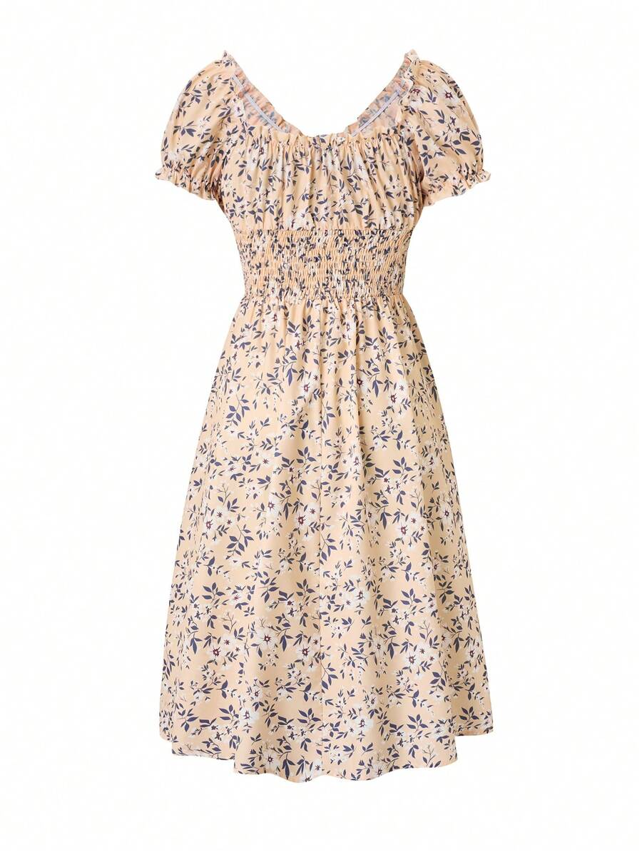 Floral Smocked Midi Dress Women – V-Neck Tie Waist Boho Dress 5