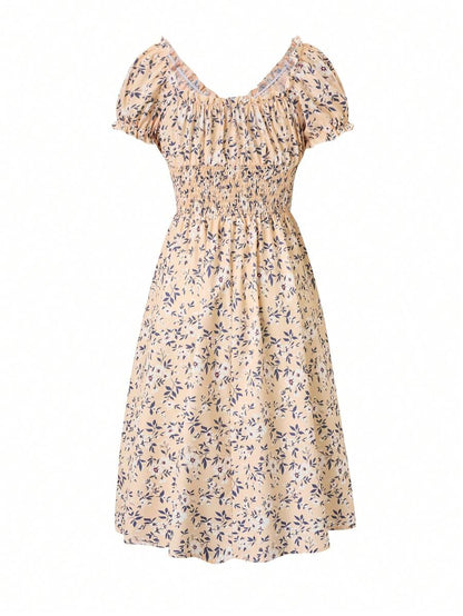 Floral Smocked Midi Dress Women – V-Neck Tie Waist Boho Dress 5