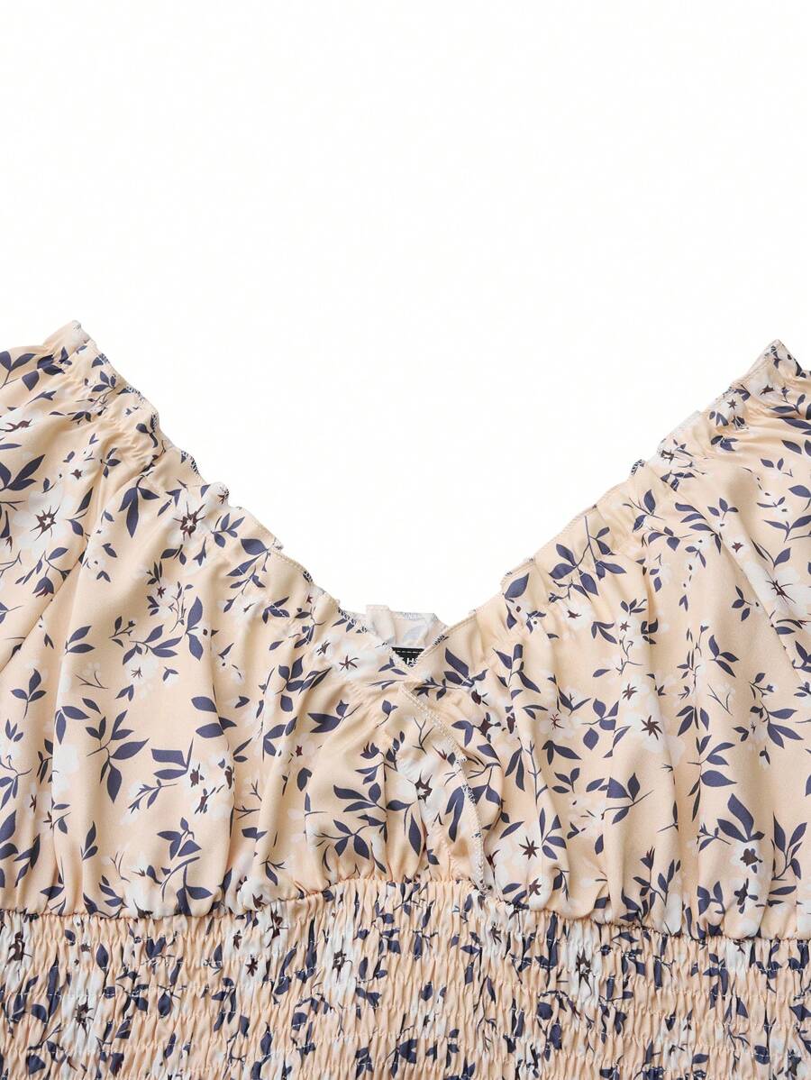 Floral Smocked Midi Dress Women – V-Neck Tie Waist Boho Dress 6