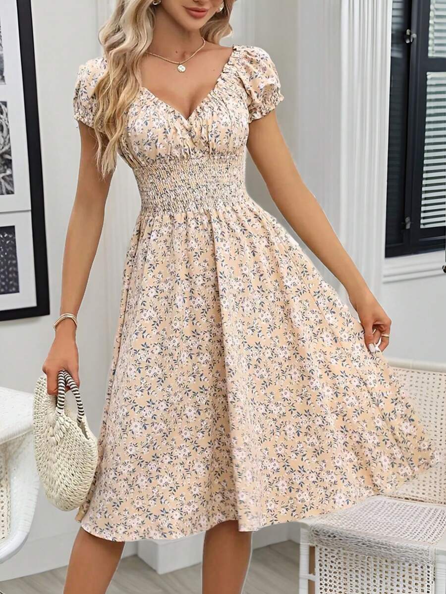 Floral Smocked Midi Dress Women – V-Neck Tie Waist Boho Dress 1