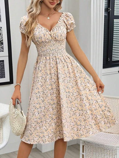 Floral Smocked Midi Dress Women – V-Neck Tie Waist Boho Dress 1