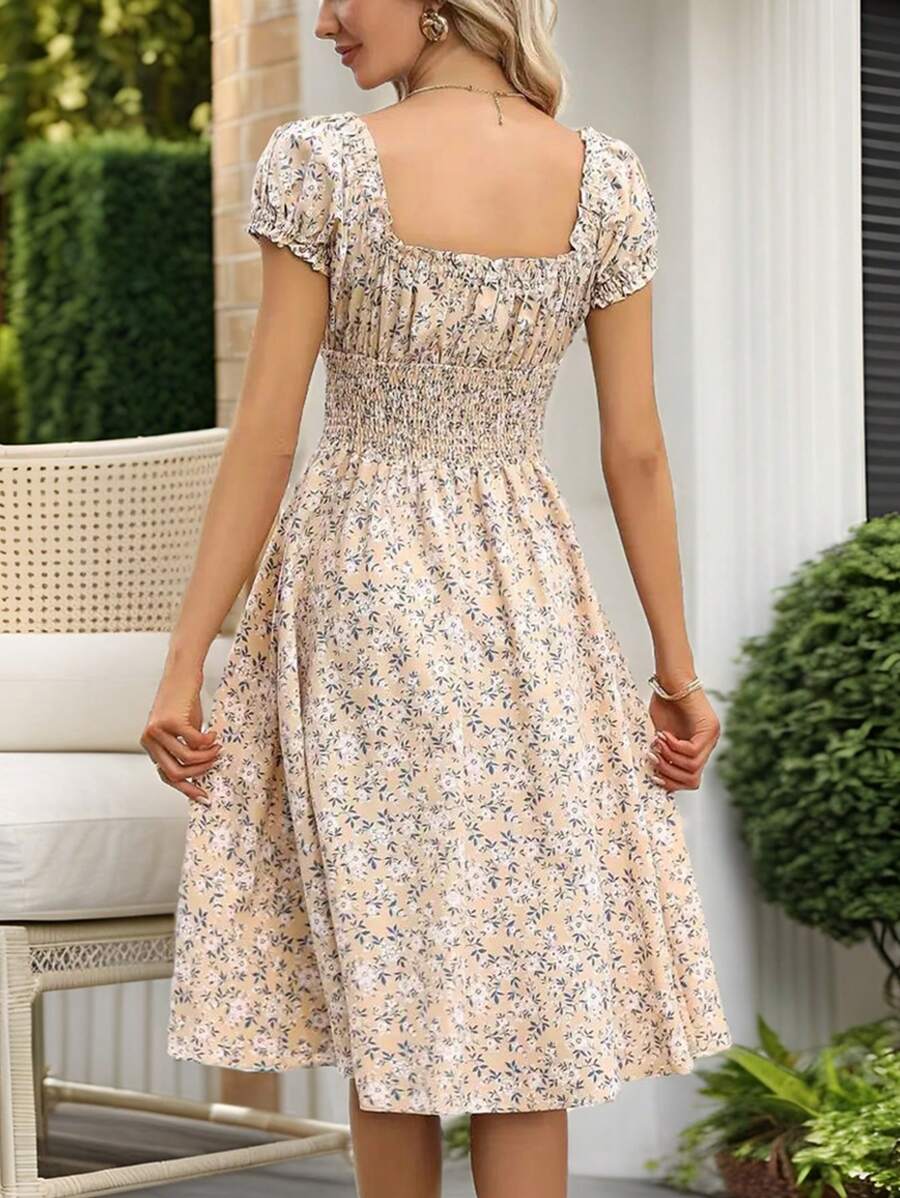 Floral Smocked Midi Dress Women – V-Neck Tie Waist Boho Dress 2