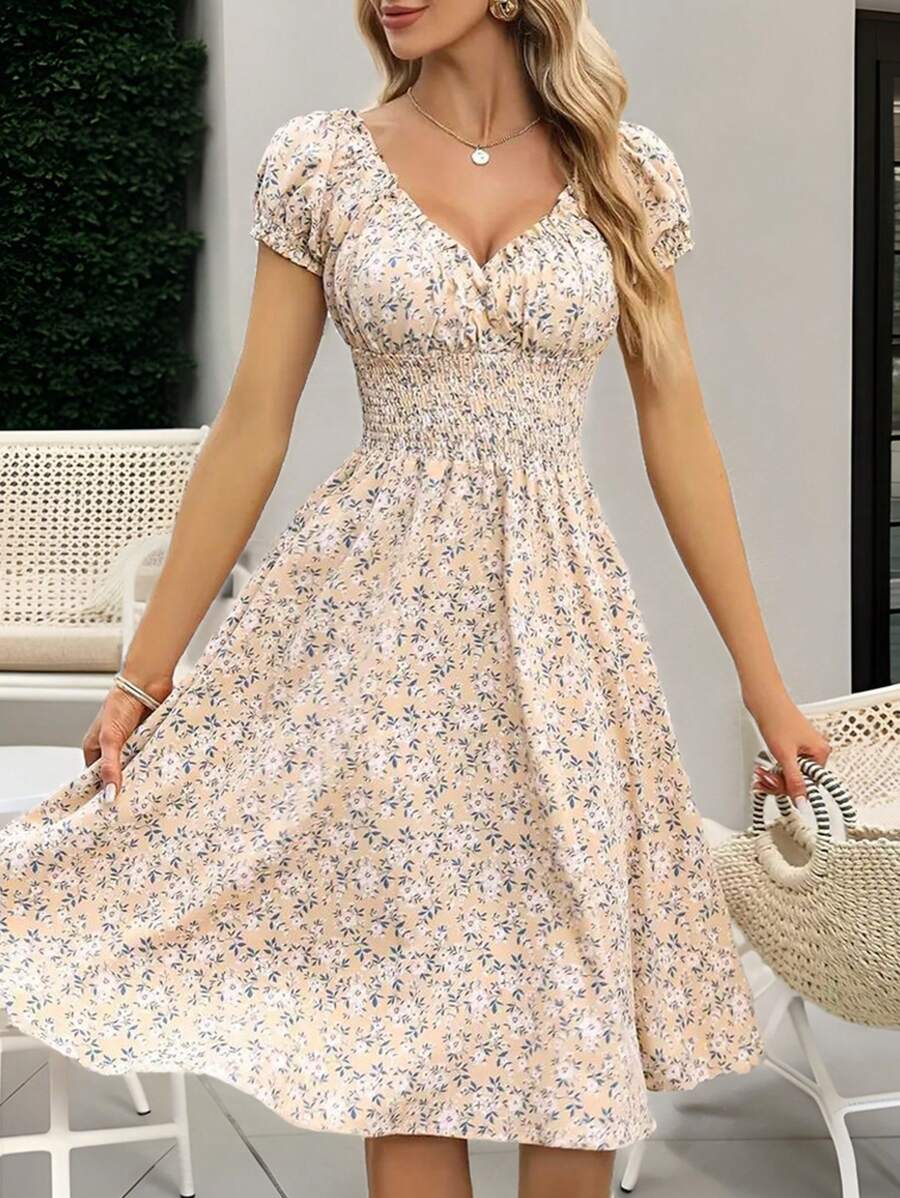 Floral Smocked Midi Dress Women – V-Neck Tie Waist Boho Dress 3