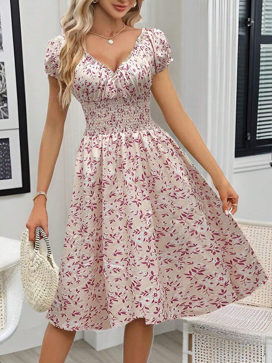 Floral Smocked Midi Dress Women – V-Neck Tie Waist Boho Dress 9