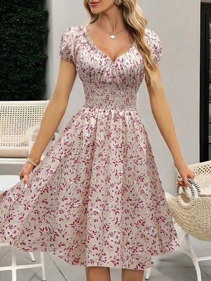 Floral Smocked Midi Dress Women – V-Neck Tie Waist Boho Dress 10