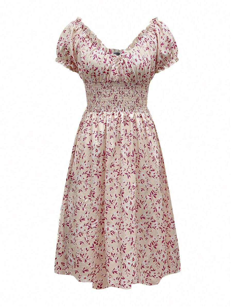 Floral Smocked Midi Dress Women – V-Neck Tie Waist Boho Dress 11