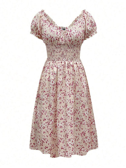 Floral Smocked Midi Dress Women – V-Neck Tie Waist Boho Dress 11