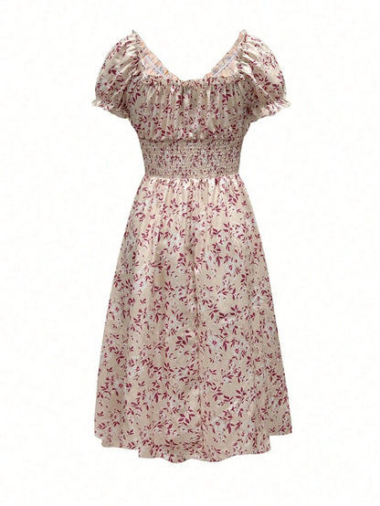 Floral Smocked Midi Dress Women – V-Neck Tie Waist Boho Dress 12