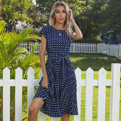 Polka Dot Midi Dress Women Short Sleeve | Belted Pleated A-Line | Vintage Tea Garden Party Summer UK 1
