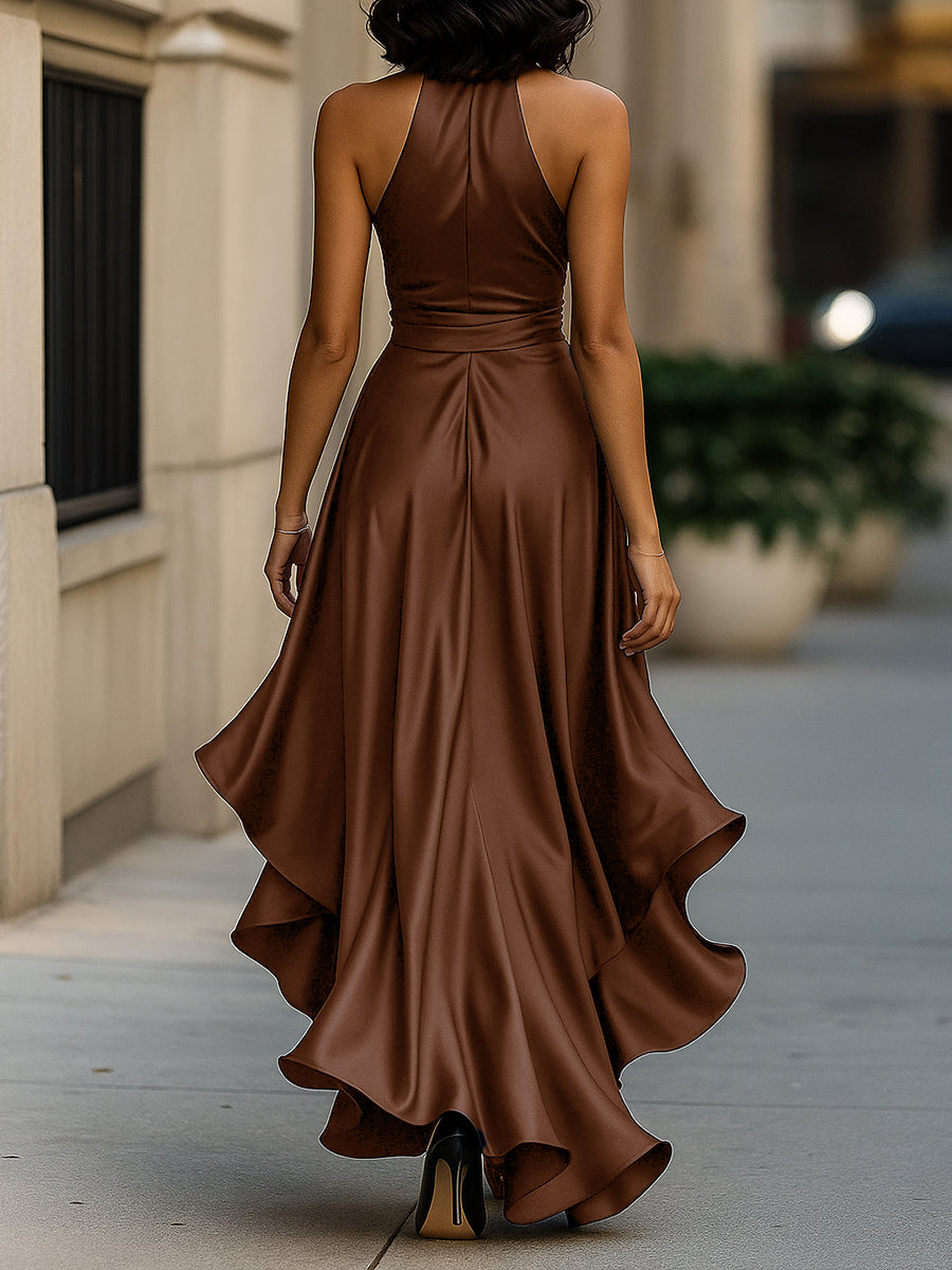 Elegant Satin Maxi Dress | Women's Cocktail & Formal Dress with Halter Neckline | Flattering Silhouette for Wedding Guests 14