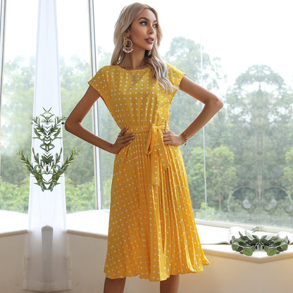 Polka Dot Midi Dress Women Short Sleeve | Belted Pleated A-Line | Vintage Tea Garden Party Summer UK 7