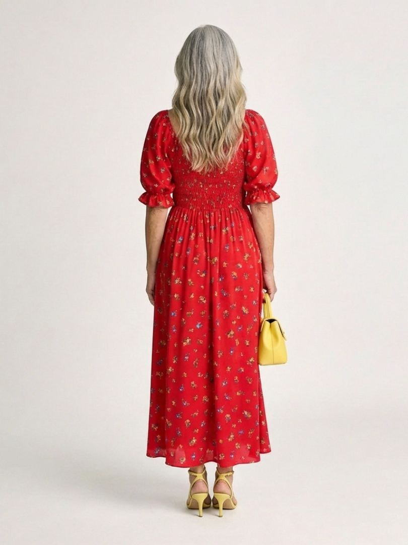 Red Floral Smocked Midi Dress Women Puff Sleeve | Square Neck A-Line | Wedding Guest Garden Party UK 2