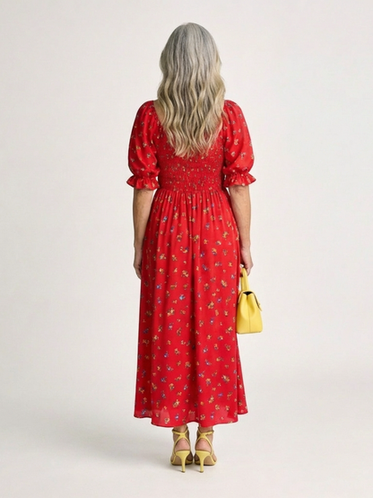 Red Floral Smocked Midi Dress Women Puff Sleeve | Square Neck A-Line | Wedding Guest Garden Party UK 2