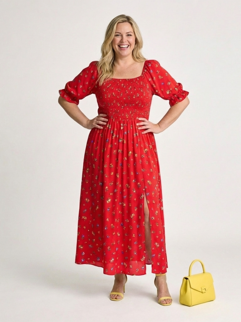 Red Floral Smocked Midi Dress Women Puff Sleeve | Square Neck A-Line | Wedding Guest Garden Party UK 3