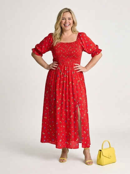 Red Floral Smocked Midi Dress Women Puff Sleeve | Square Neck A-Line | Wedding Guest Garden Party UK 3