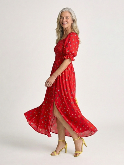 Red Floral Smocked Midi Dress Women Puff Sleeve | Square Neck A-Line | Wedding Guest Garden Party UK 4