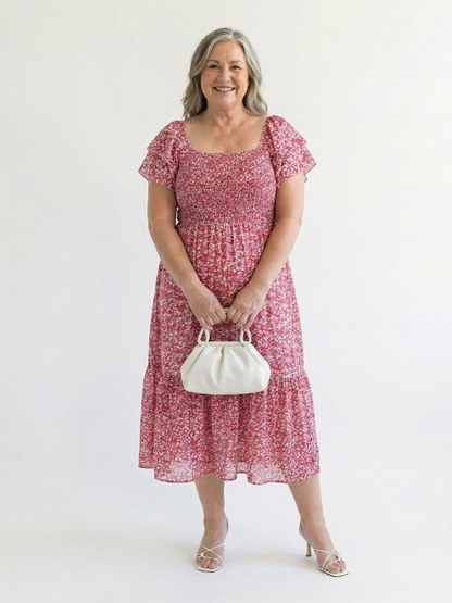 Floral Smocked Midi Dress with Flutter Sleeves and Square Neckline 3