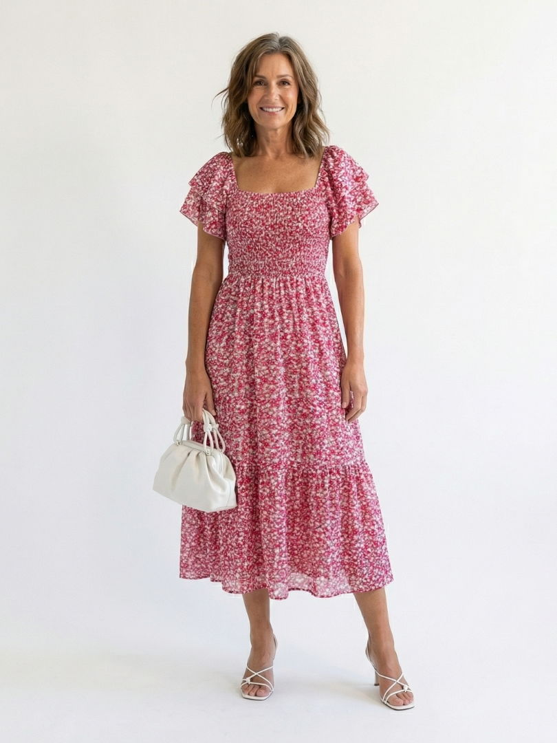 Floral Smocked Midi Dress with Flutter Sleeves and Square Neckline 1