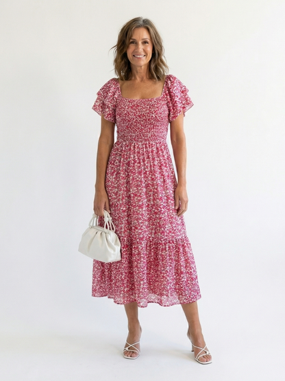 Floral Smocked Midi Dress with Flutter Sleeves and Square Neckline 1