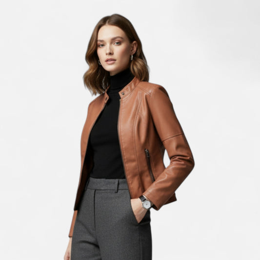 Women’s Leather Jacket with Stand Collar – Sleek Fit for Everyday Wear