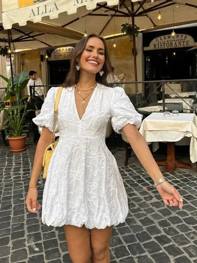 Elise White Summer Dress Women – Embroidered Ruffle Midi Dress