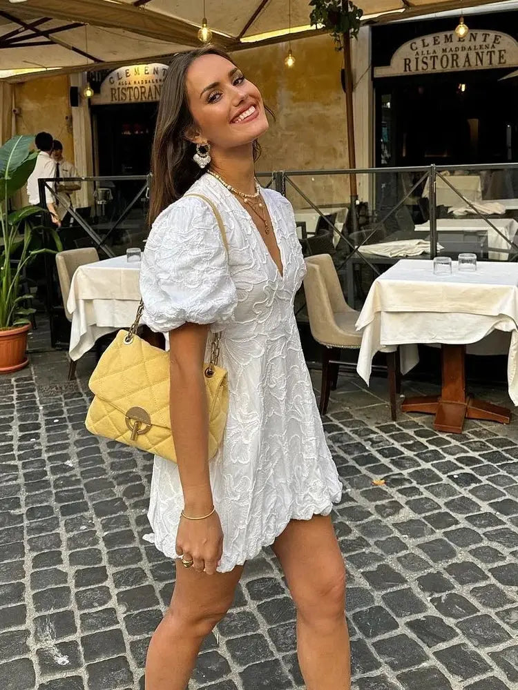 Elise White Summer Dress Women – Embroidered Ruffle Midi Dress