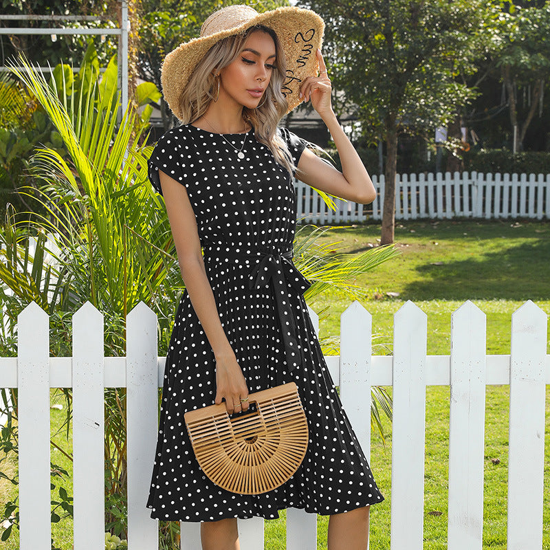 Polka Dot Midi Dress Women Short Sleeve | Belted Pleated A-Line | Vintage Tea Garden Party Summer UK 4