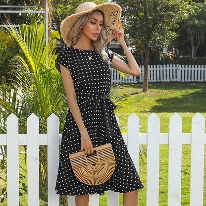 Polka Dot Midi Dress Women Short Sleeve | Belted Pleated A-Line | Vintage Tea Garden Party Summer UK 4