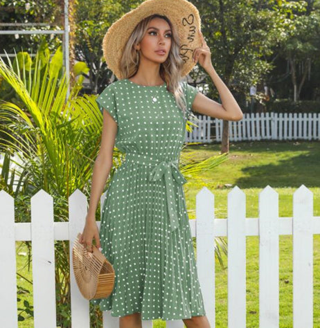Polka Dot Midi Dress Women Short Sleeve | Belted Pleated A-Line | Vintage Tea Garden Party Summer UK 8