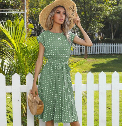 Polka Dot Midi Dress Women Short Sleeve | Belted Pleated A-Line | Vintage Tea Garden Party Summer UK 8