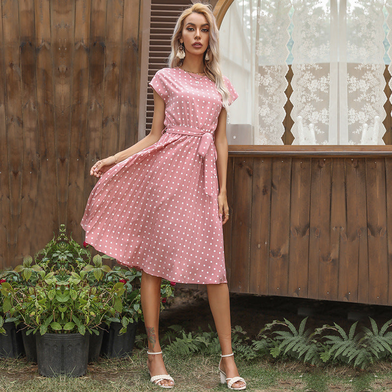 Polka Dot Midi Dress Women Short Sleeve | Belted Pleated A-Line | Vintage Tea Garden Party Summer UK 3