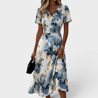 Luna Floral Wrap Midi Dress Women – V-Neck Summer Dress